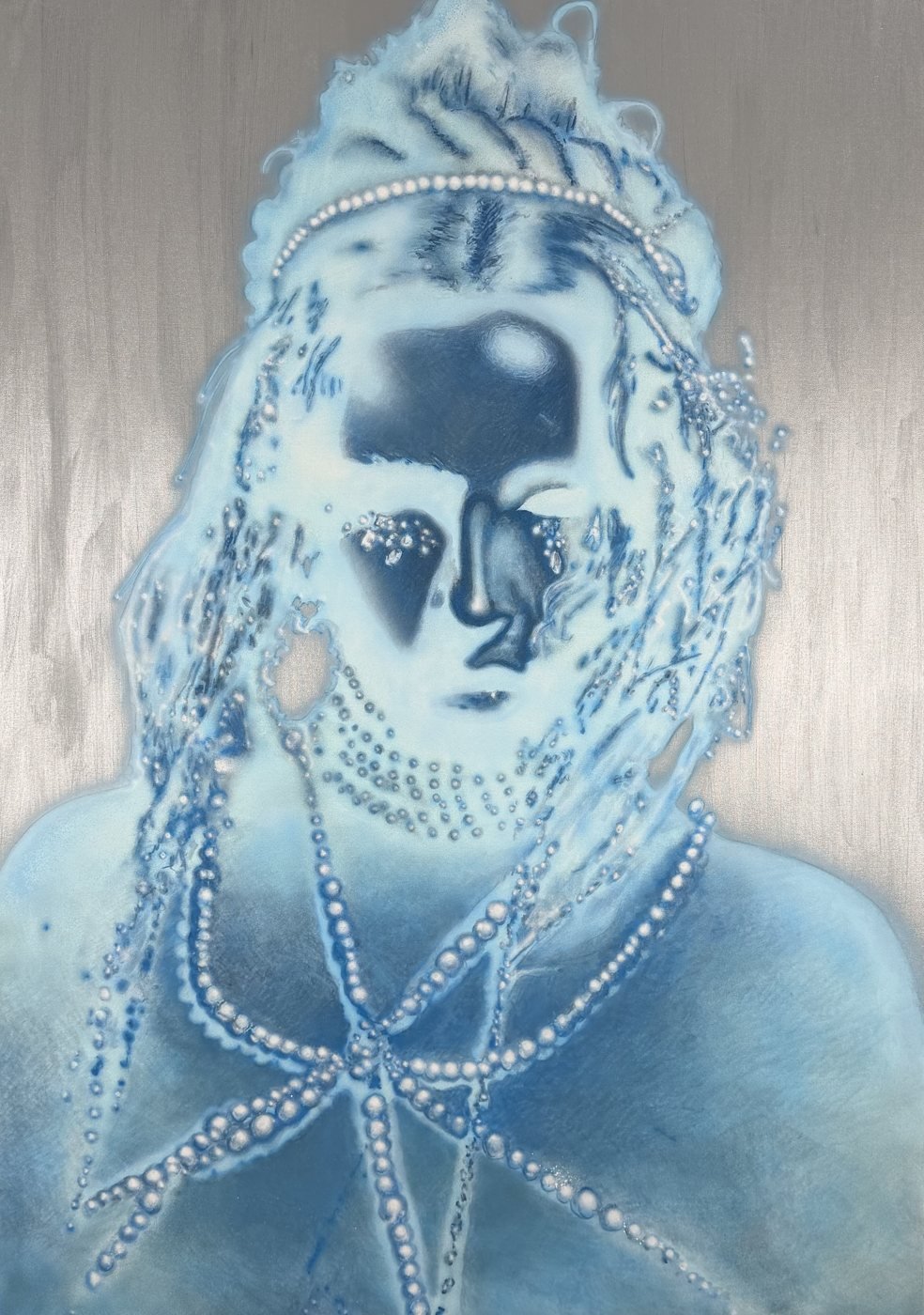 Pearls, portrait painting in blue with pearl details by Luis Salcedo Nieto