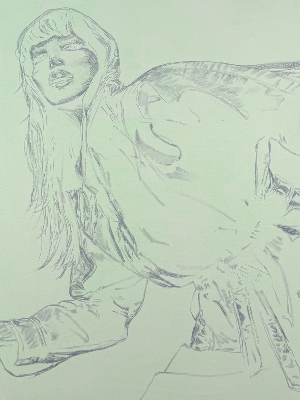 Green Line, graphite study on mint green canvas by Luis Salcedo Nieto