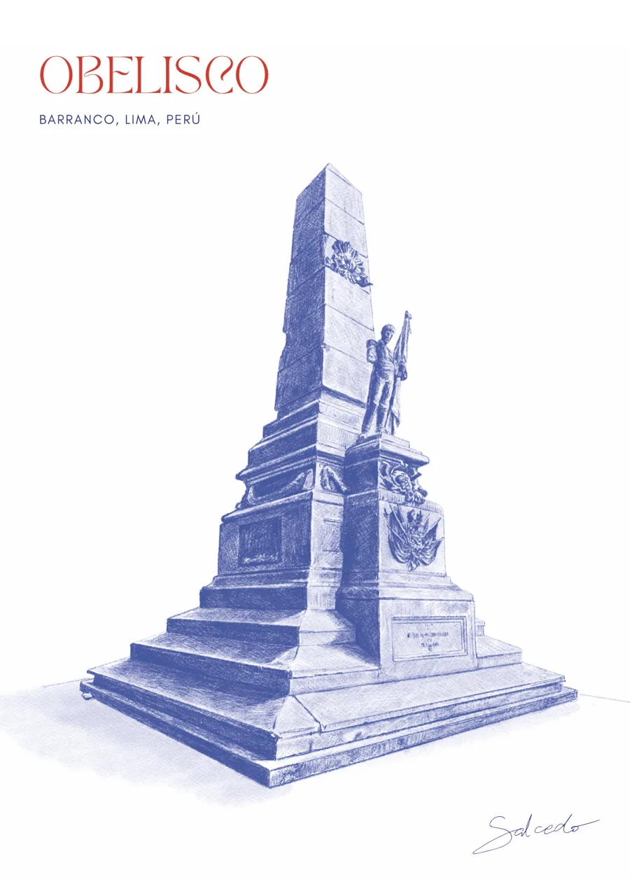 Obelisco monument, Barranco — hand-drawn postcard by Luis Salcedo Nieto