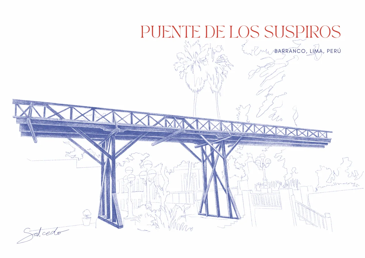 Puente de los Suspiros (Bridge of Sighs), Barranco — hand-drawn postcard by Luis Salcedo Nieto